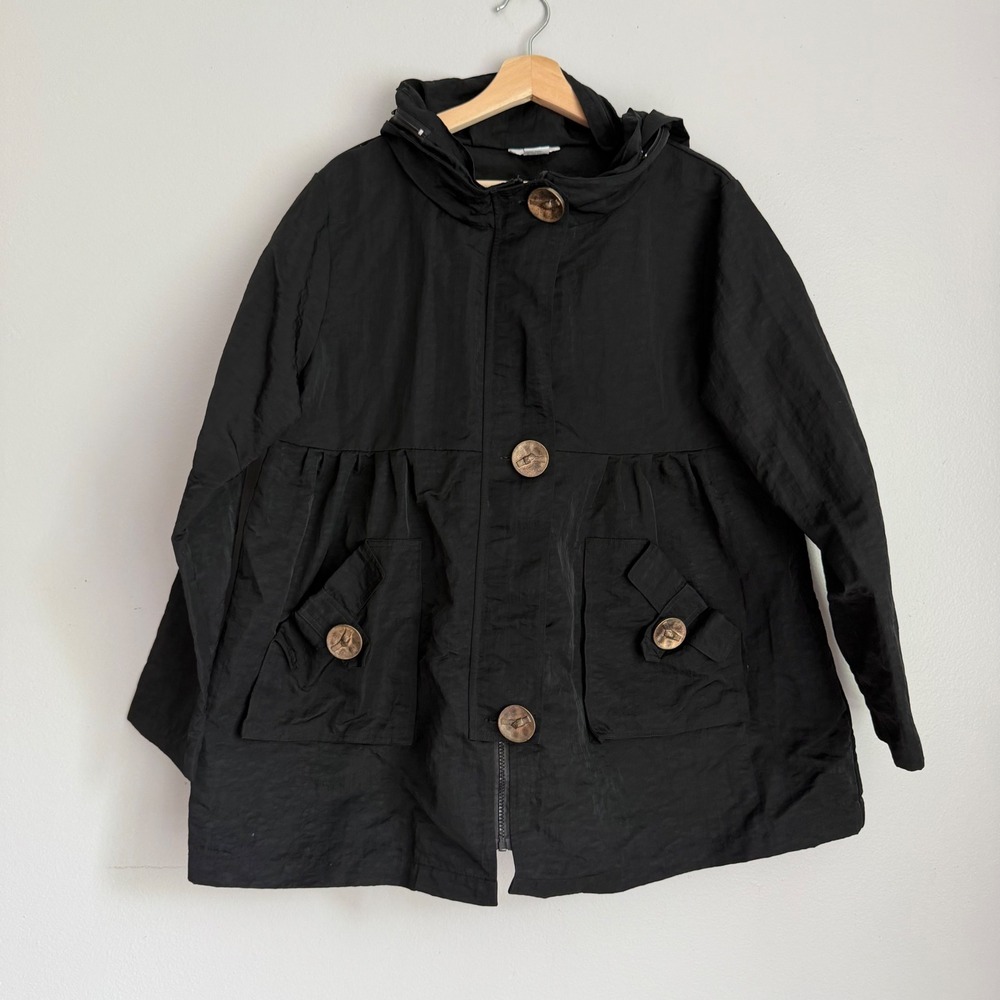 Vintage Dorman‎ Black Hooded Babydoll Jacket Oversized Buttons Size L